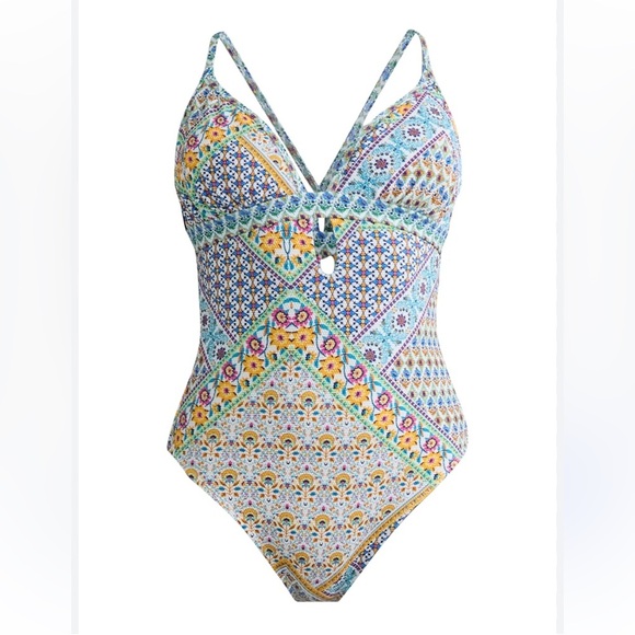 Jessica Simpson Other - Jessica Simpson Blue and Yellow One Piece Swimsuit with V-Cut Neckline